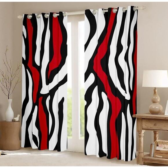Manfei Zebra Print Window Curtains Black White Red Wave Stripe Set 38W x 54L - Picture 1 of 4